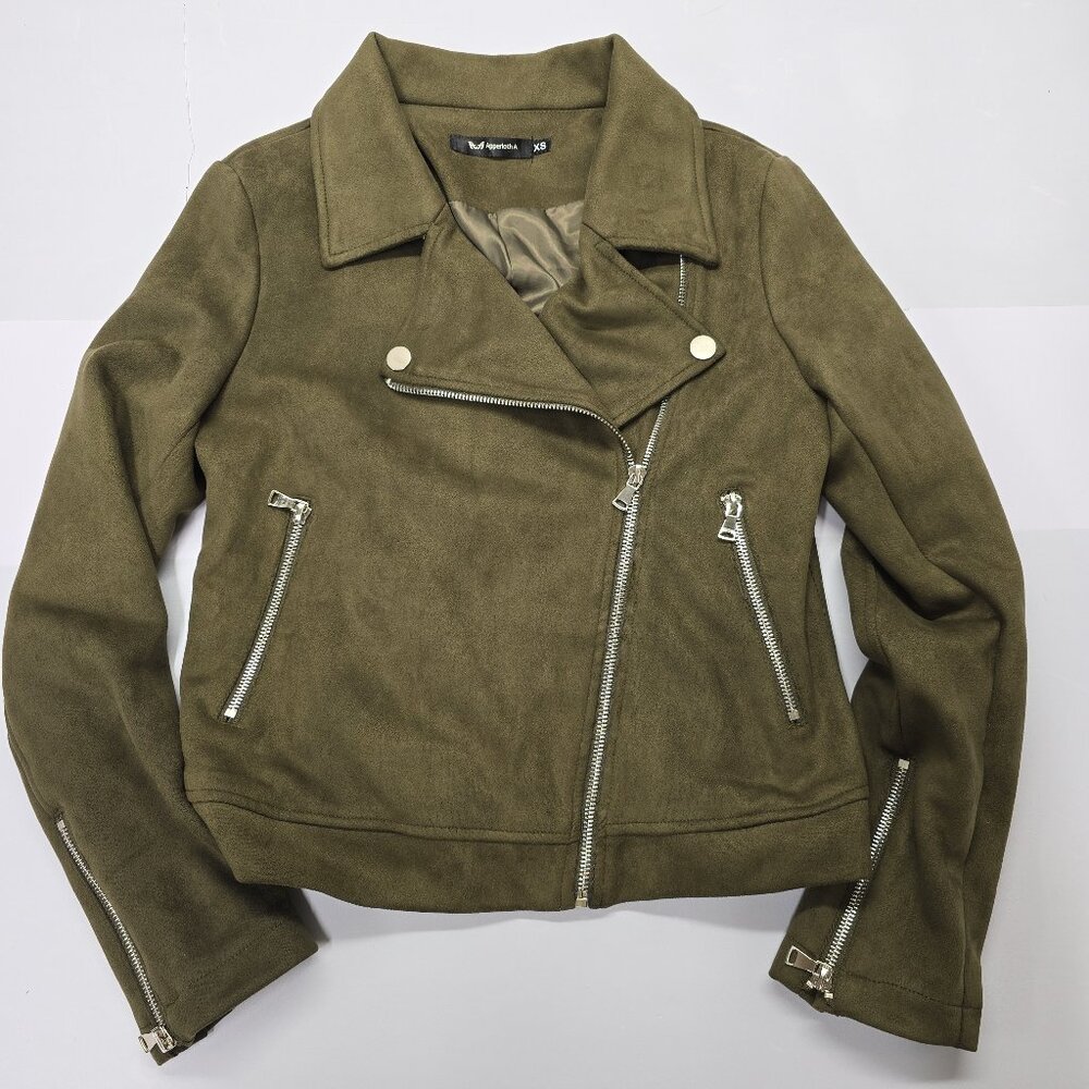 Apperloth A Olive Green Faux‎ Suede Moto Jacket Size XS